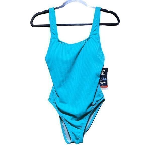 NWT Speedo Women's 8‎ Rib Logo One Piece Swimsuit Ceramic Blue Size 8 - Picture 3 of 9